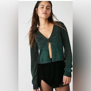 Free people Emmaline Cardi green shimmery cropped cardigan NWT